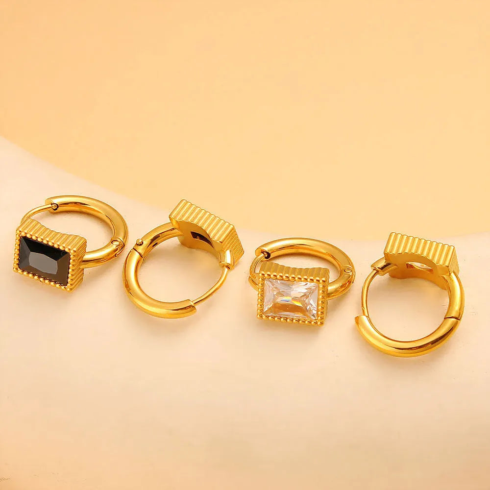 Geometric square zircon stud earrings with a round ring element on stainless steel, in white, black, or green.
