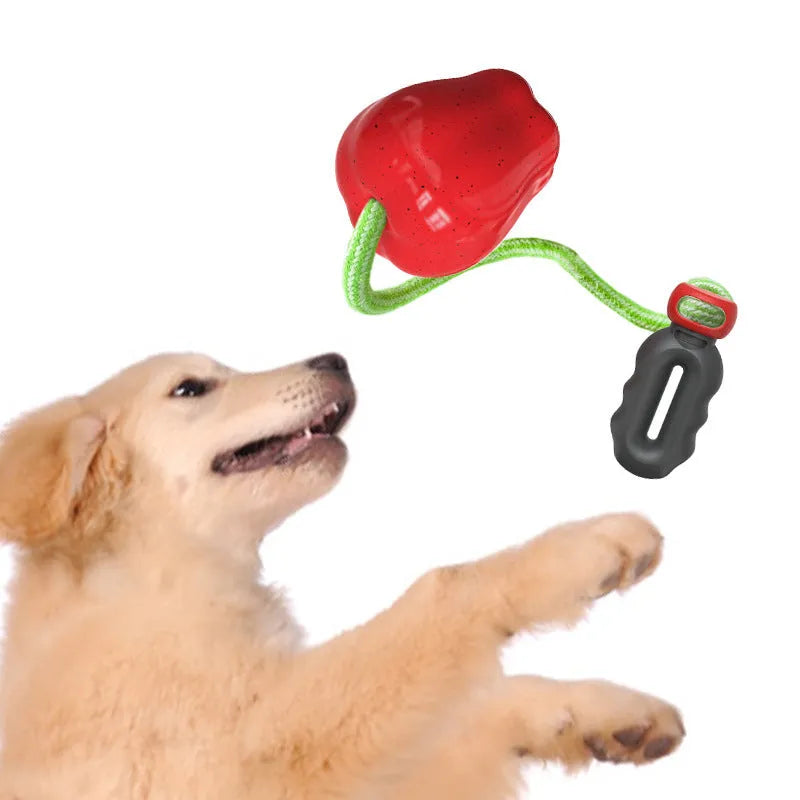 Green and red plastic apple-shaped dog toy with treat-dispensing ball and squeaky features
