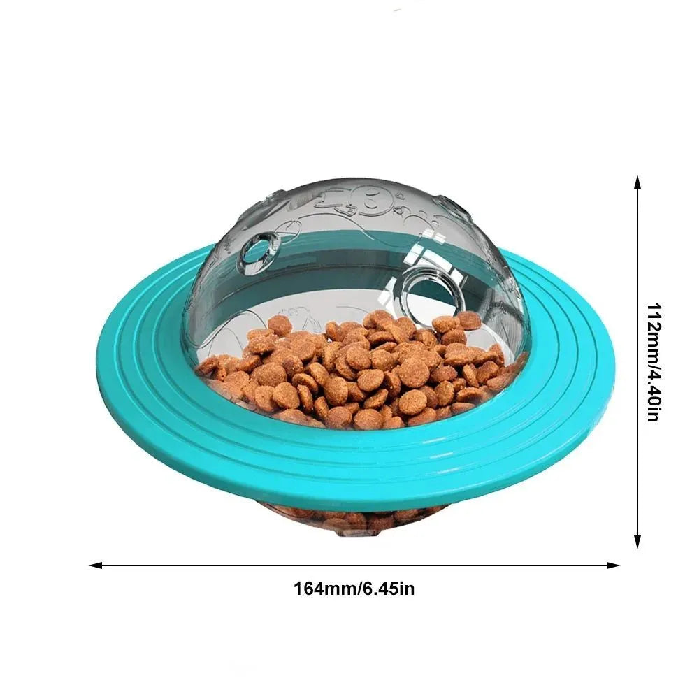 Interactive dog treat ball in blue or yellow with transparent lid for food dispensing and training
