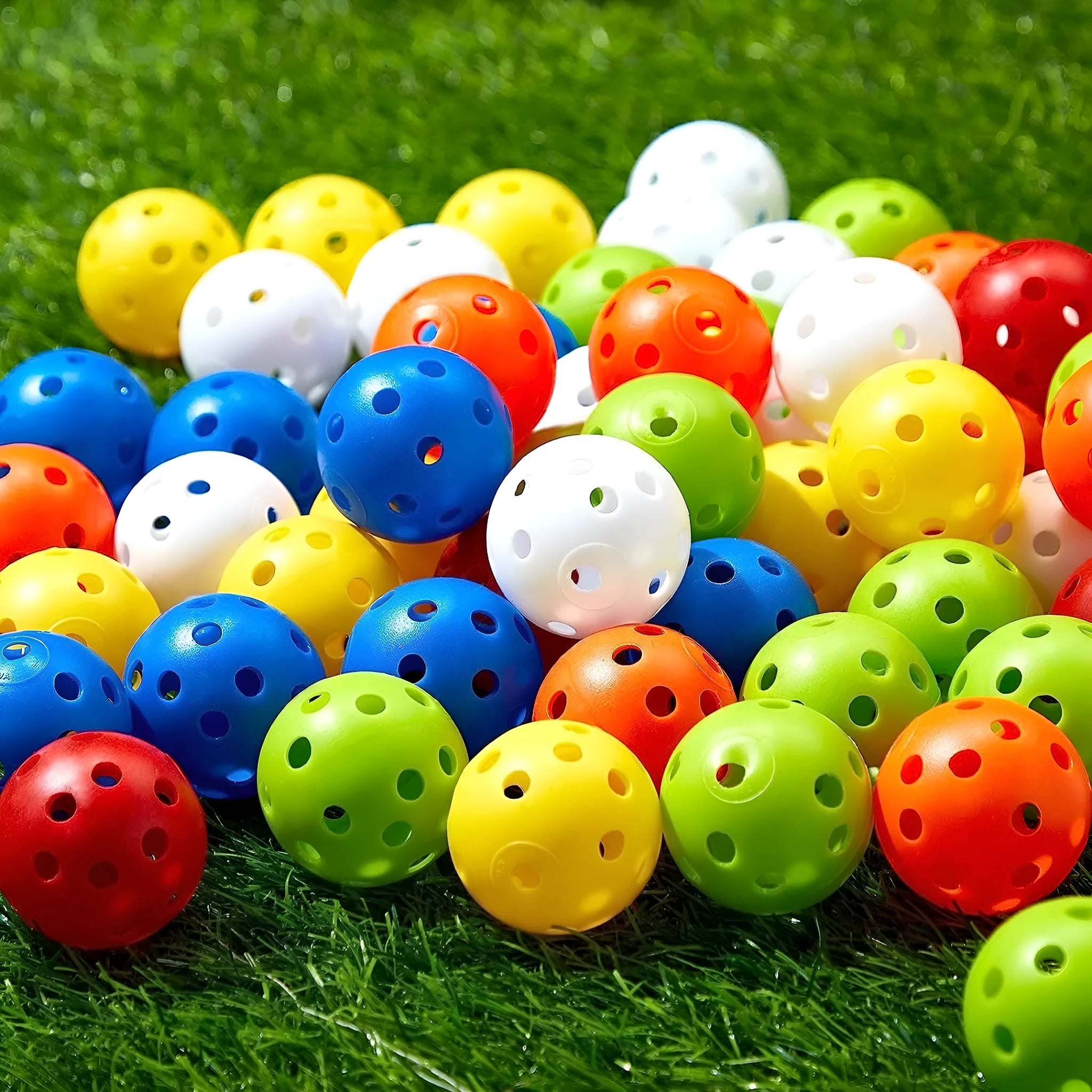 Multi-colour golf practice balls on 26-hole putting mat with net pocket packaging