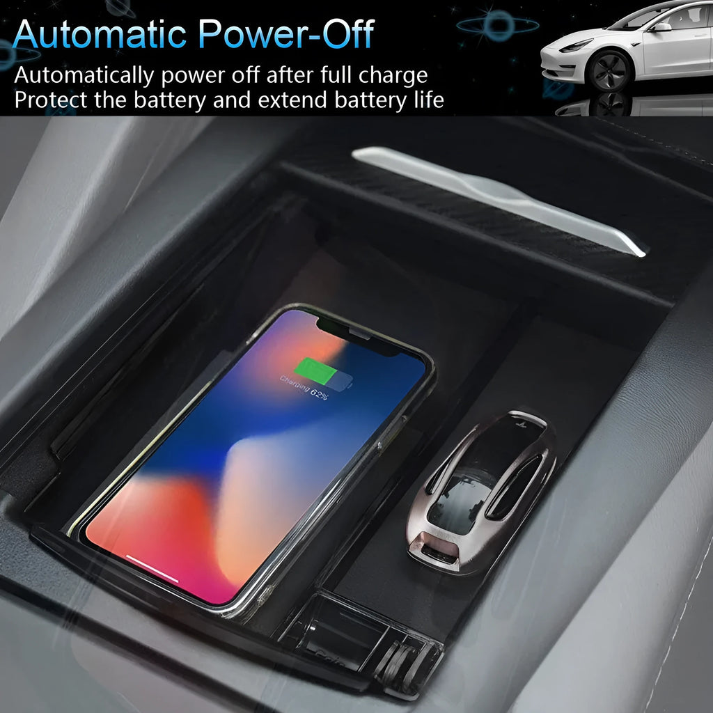 Black wireless charging storage box with Qi fast charging capability and ABS plastic construction