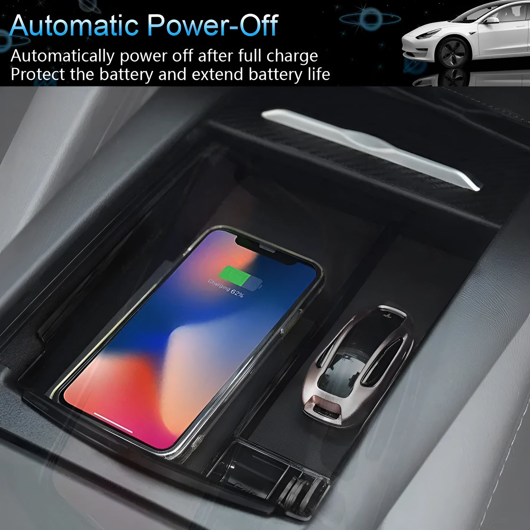 Black wireless charging storage box with Qi fast charging capability and ABS plastic construction