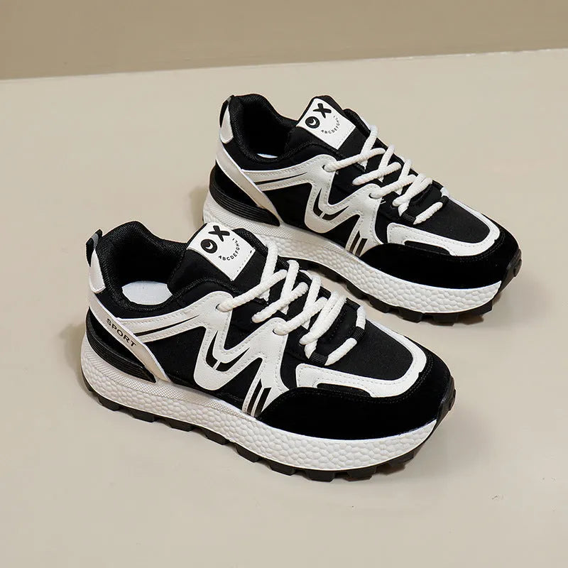 Women's black artificial PU platform casual shoes with round toe and front lace-up closure on a flat heel.