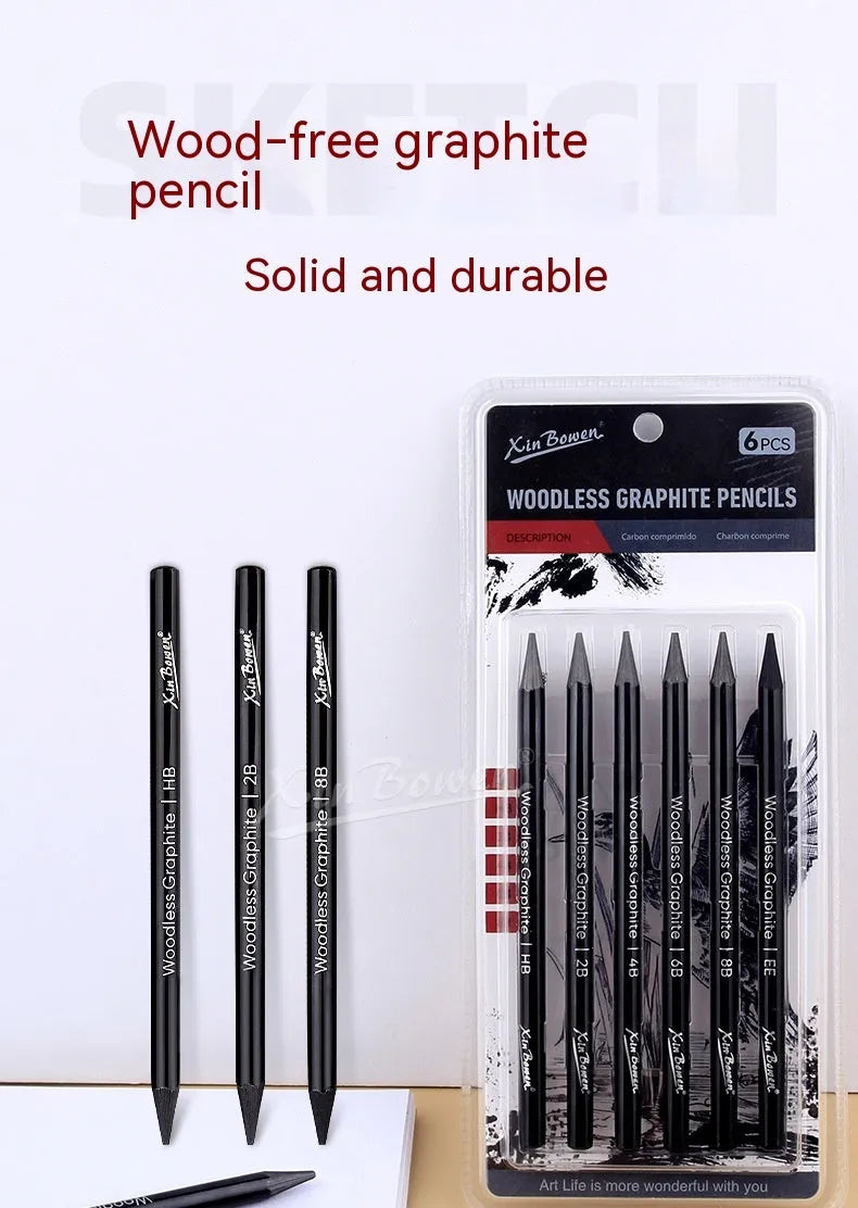 Set of six graphite sketching pencils in grades HB, 2B, 4B, 6B, 8B, and EE.