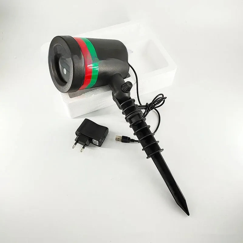 Christmas projection lamp with starry laser effect, IP44 rating, plastic housing, for outdoor courtyard and garden use.