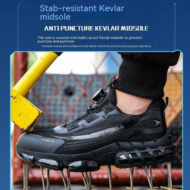 Lightweight black anti-smash work shoes with a Flyknit upper and steel toe cap on a white background.