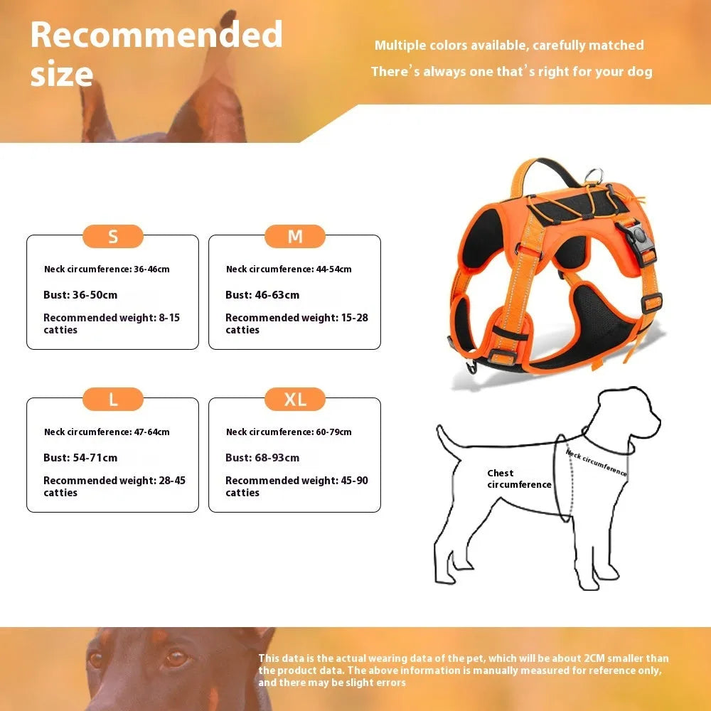 Orange explosion-proof dog harness vest with black reflective strips and an integrated black hand-holding rope.