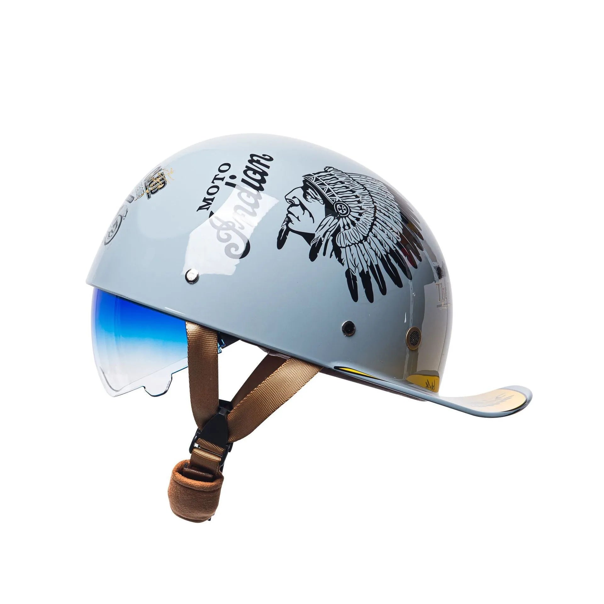 Black gradient blue retro half helmet for electric bicycles with tinted visor and ABS construction