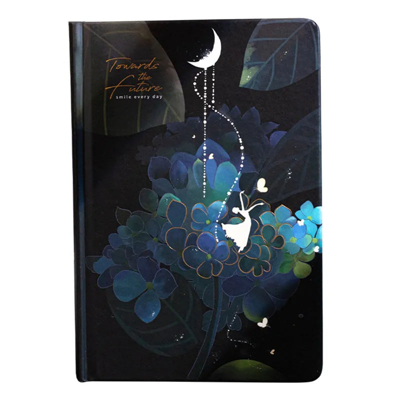 A5 notebook with luminous cover open to show colour illustrated pages, in Purple colour option.