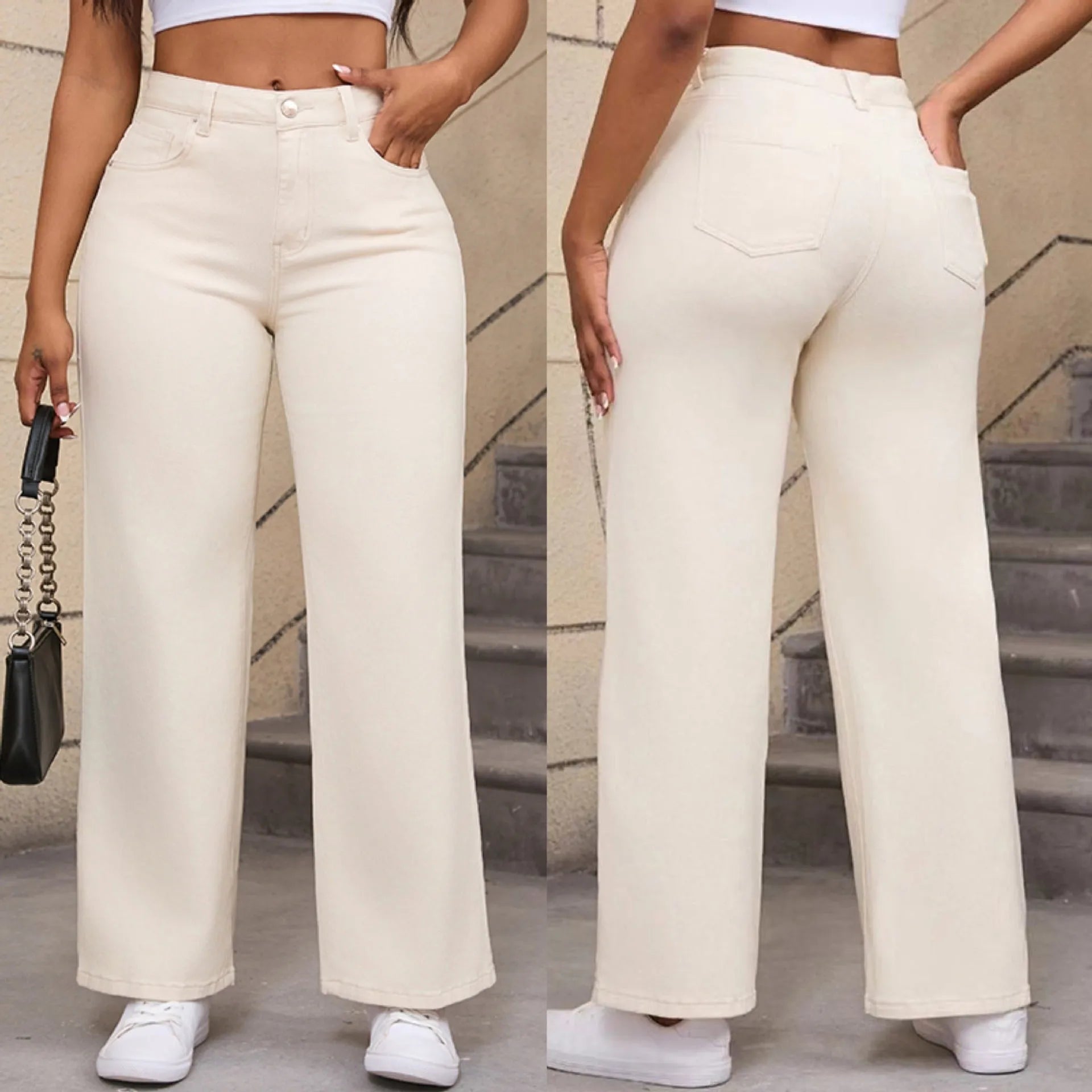 Women's apricot wide leg high waist jeans with straight cut on a hanger