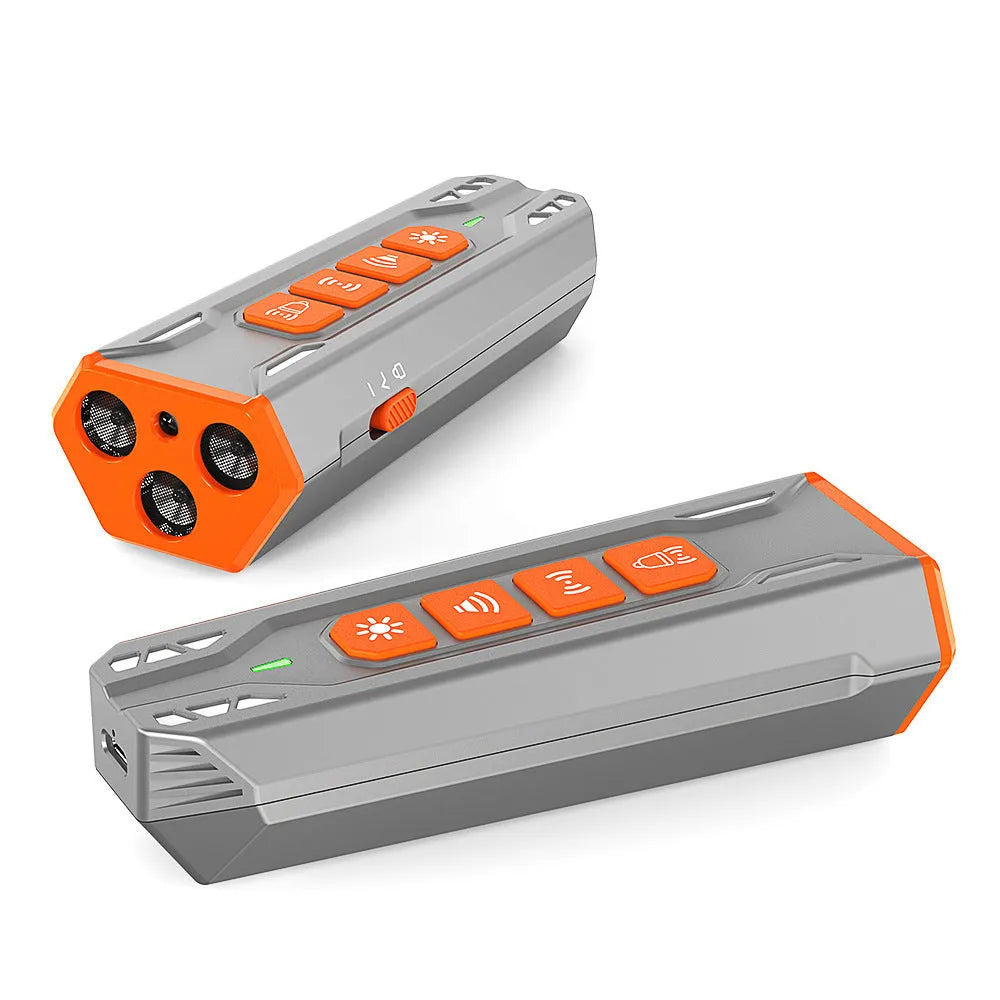 Ultrasonic dog trainer with three adjustable heads in grey and orange colour scheme.