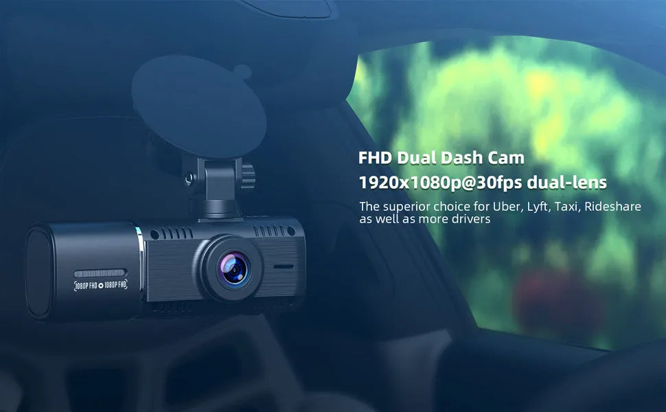 Standard black dash cam with 1.5-inch screen for front and rear 1080p recording with night vision