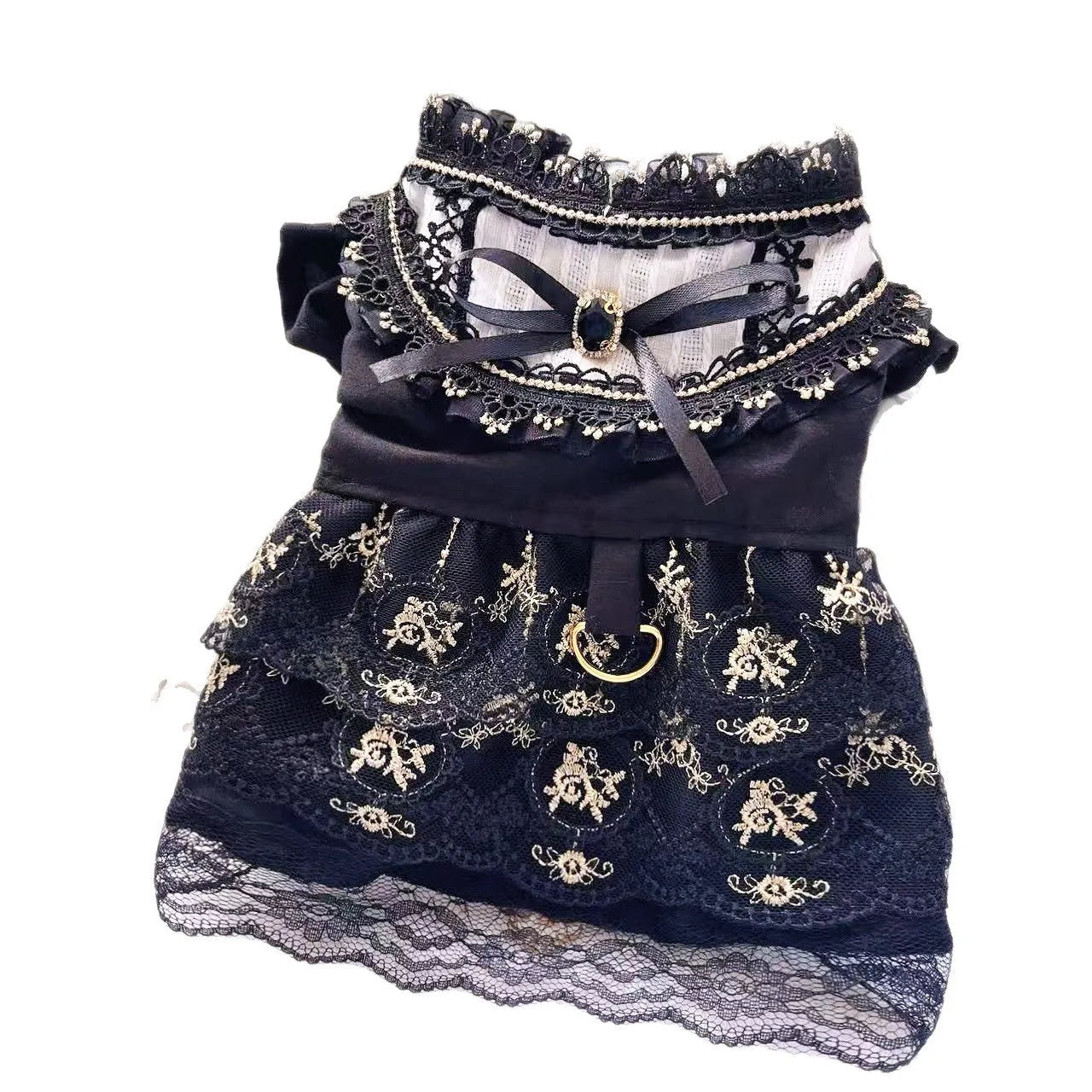 Golden ruffled gothic princess skirt costume being worn by a small dog or cat.