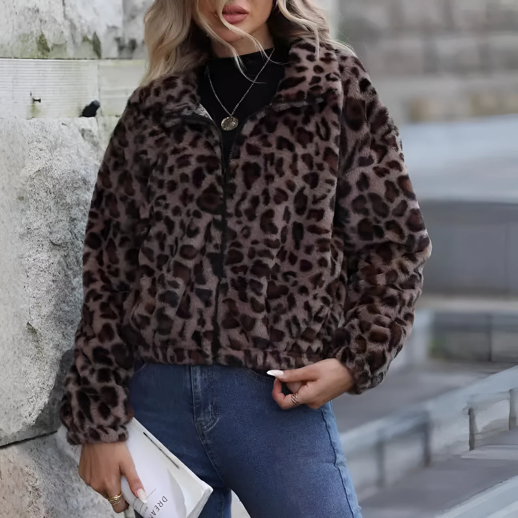 Women's loose fit leopard print plush coat with full-length zipper and raglan sleeves