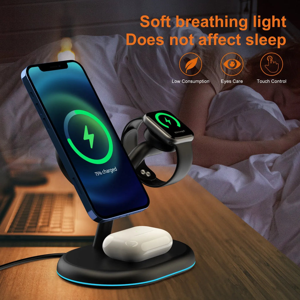 Black three-in-one magnetic wireless charger with ABS plastic construction