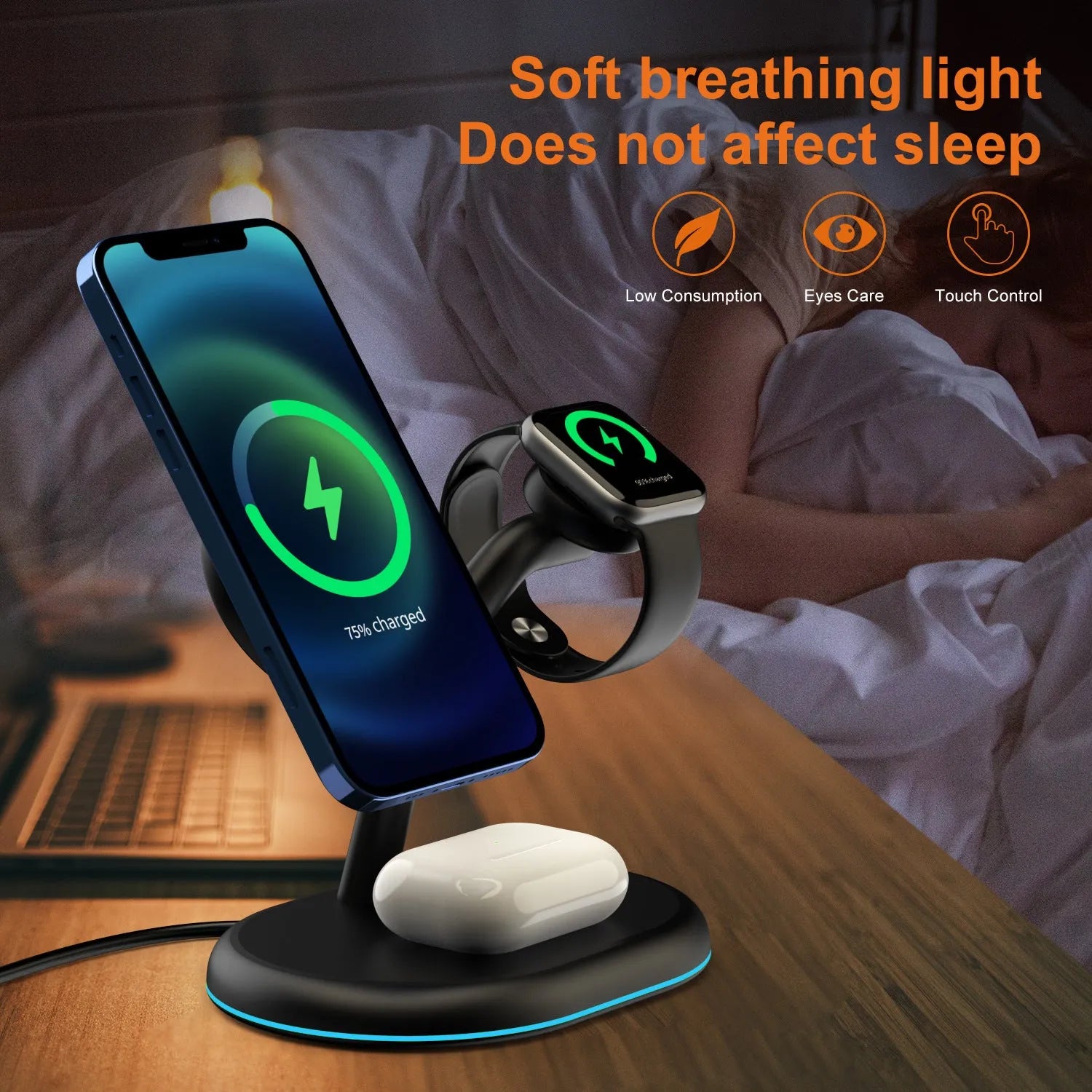 Black three-in-one magnetic wireless charger with ABS plastic construction