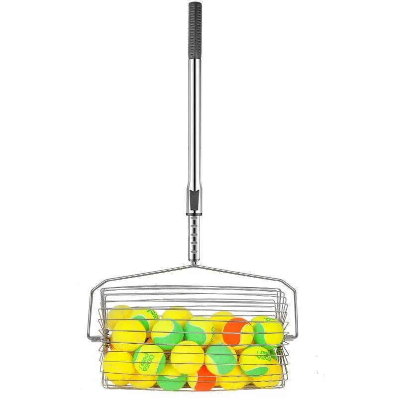 Stainless steel tennis ball picker roller with adjustable handle on tennis court