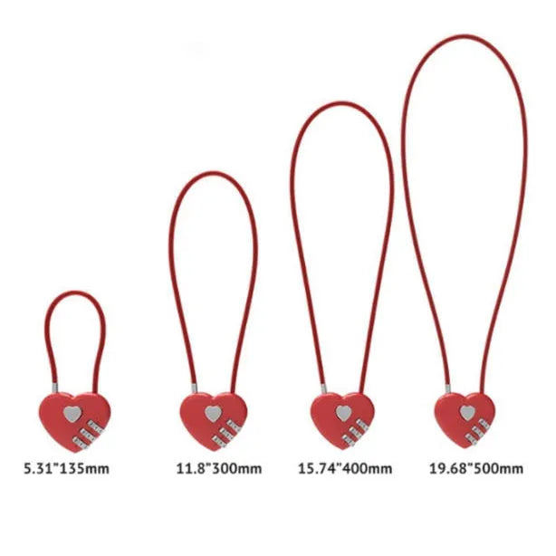 Peach Heart Long Wire Rope Love Lock in multiple colours with adjustable steel cable for bicycle helmet security