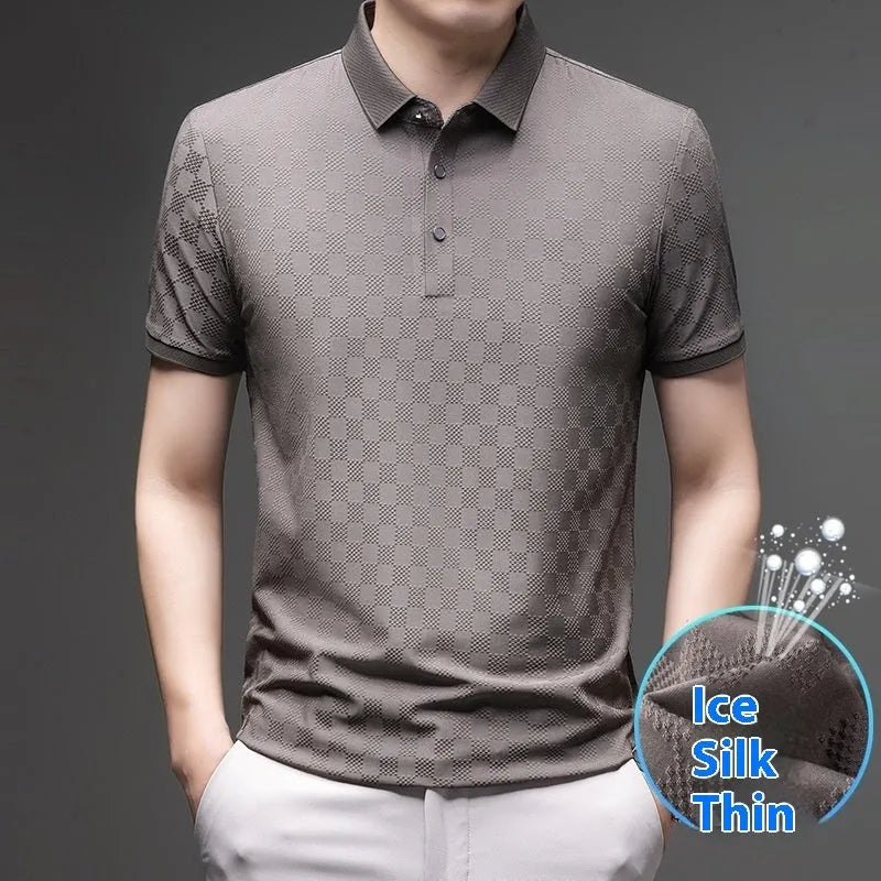 Men's black rhombus pattern short sleeve T-shirt with a slit hem, made from thin Chemical Fiber blend fabric.