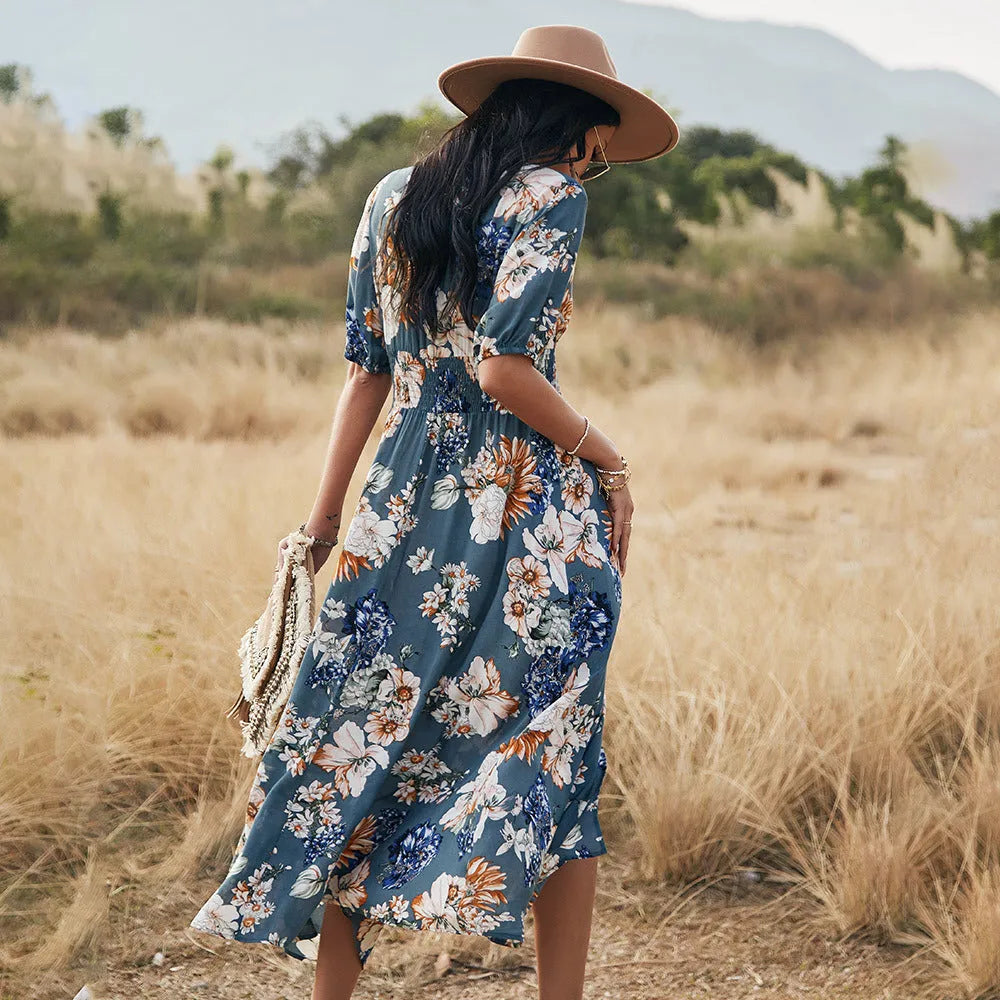Women's floral summer beach dress with V-neck and high waist in yellow black or blue mid-length print