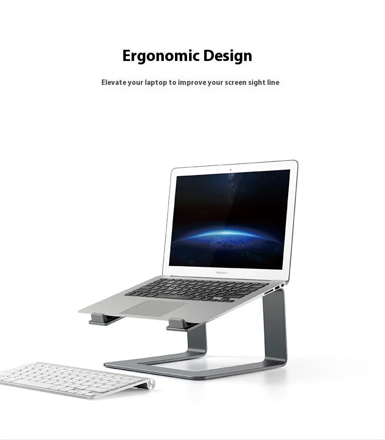 Black aluminium alloy laptop stand on a wooden desk