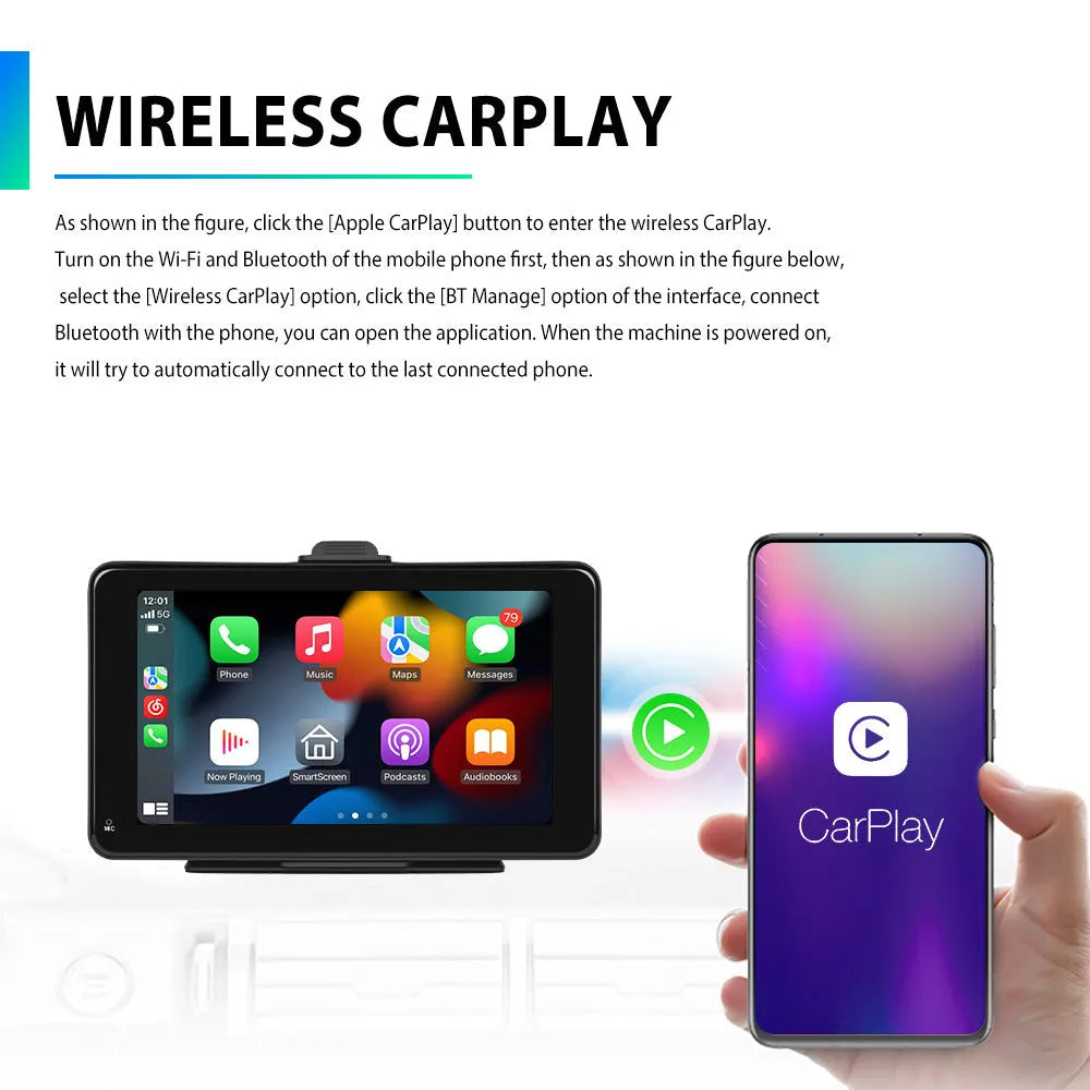 7-inch HD wired screen car player with universal mounting supports and connectivity cables