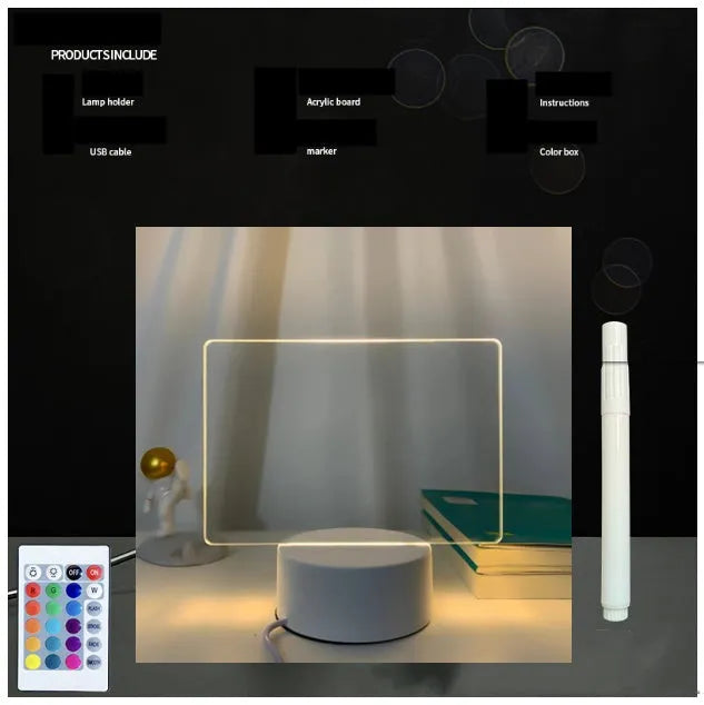 3D acrylic message board lamp with handwritten text illumination and remote control