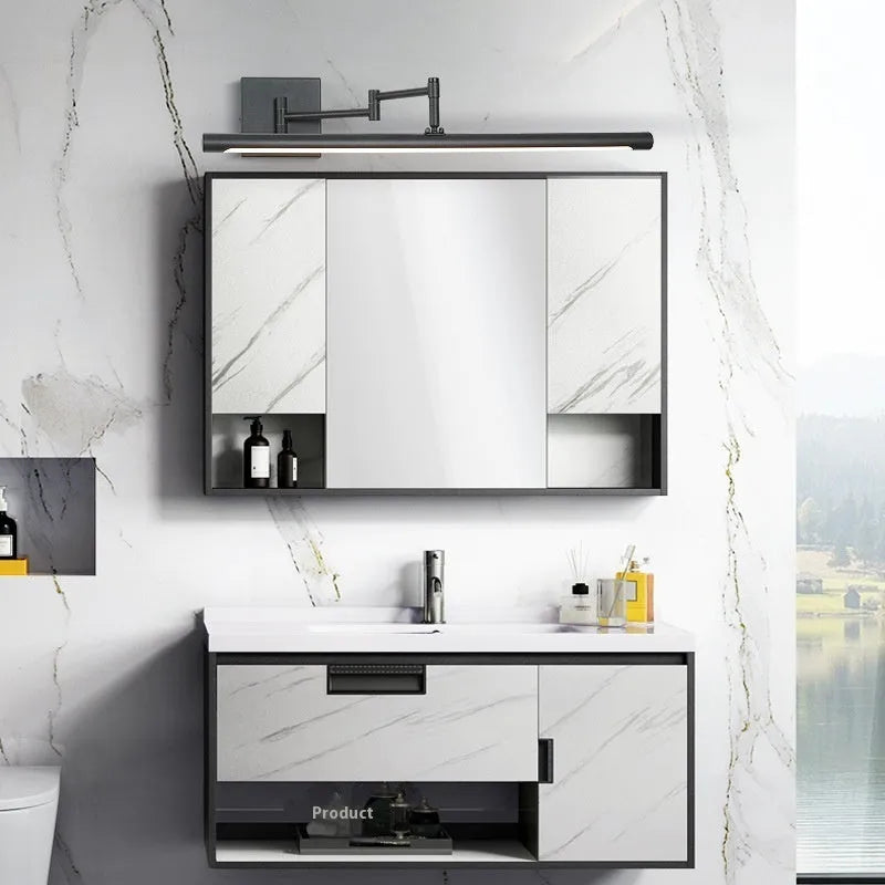 Modern Sand Black LED bathroom mirror cabinet with built-in lighting on a white wall.