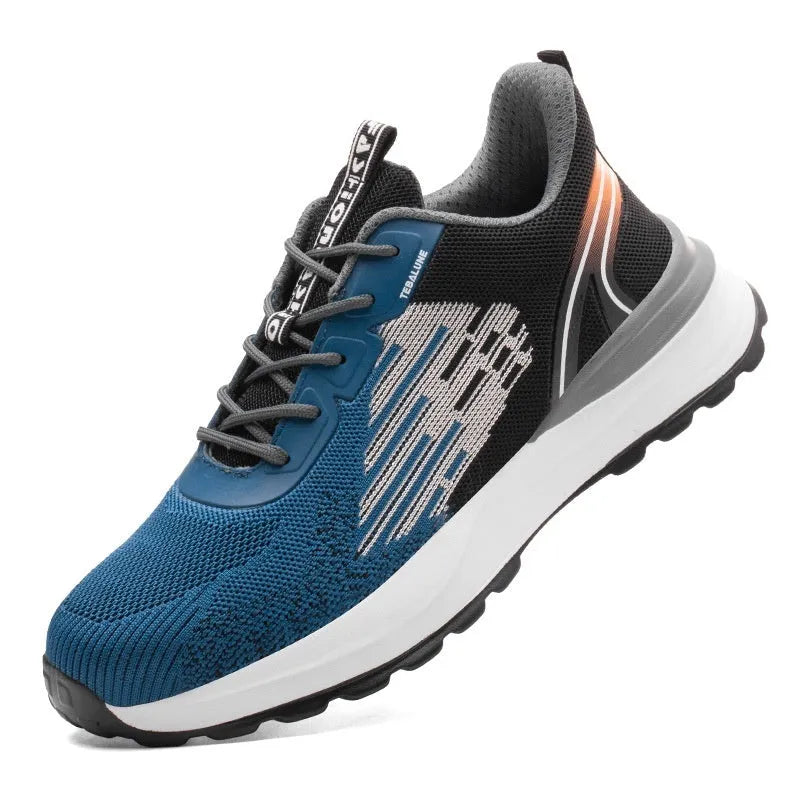 Blue men's safety work shoes with mesh upper, plastic toe cap, and lace-up closure.