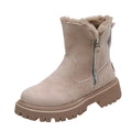 Women's black high-top plush snow boots with a side zipper and thick rubber sole
