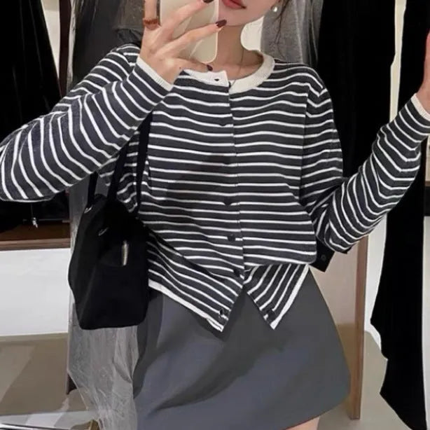 French style striped women's cardigan coat in dark grey with white stripes, slim fit with 40cm length
