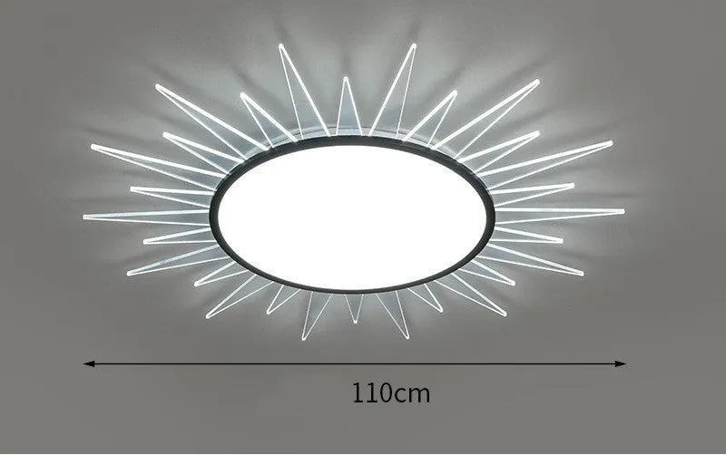 Modern circular aluminium LED ceiling lamp with remote control shown in room setting