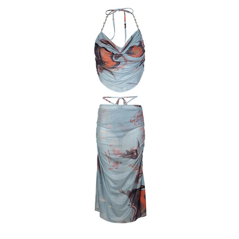 Blue diamond chain split three-piece bikini set with backless halter top
