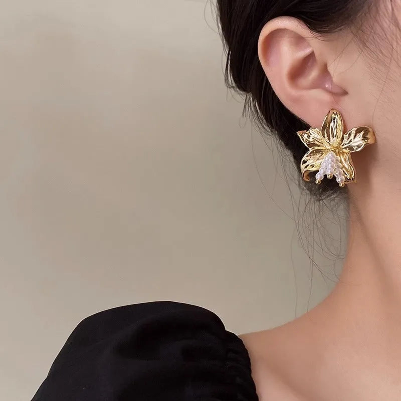 Gold H1795 plated floral earrings with Seiko treatment, hand-crafted niche style jewellery.