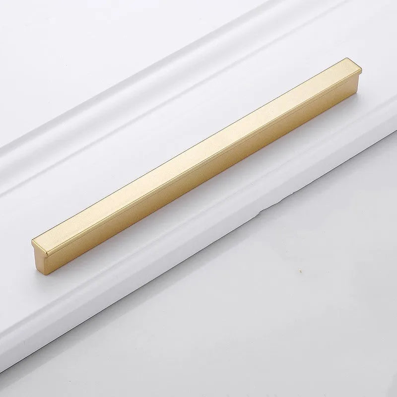 Gold T-shaped aluminium alloy cabinet handle showing single hole fitting, with size options for 96mm, 128mm, and 192mm hole distance.