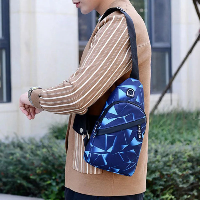 Oxford cloth men's crossbody sling bag with earphone hole and zipper closure