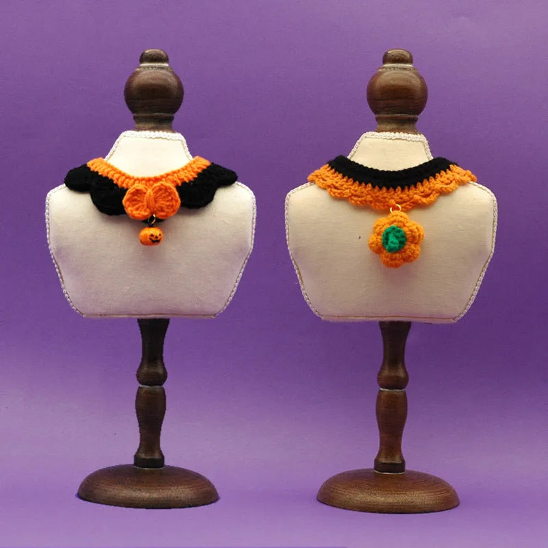 Hand-crocheted wool pet collar with pumpkin design in adjustable sizes