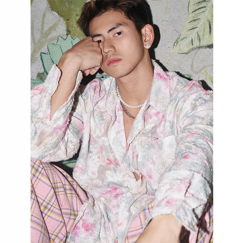 Floral long sleeve shirt with embossed three-dimensional pattern in pink colour option