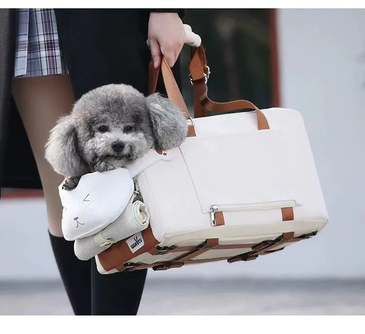 Beige hard-shell EPE padded portable cat carrier with one shoulder strap, shown next to measurements.