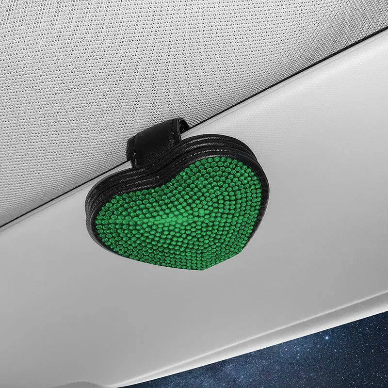 Diamond-encrusted PU leather car sun visor organiser clip with magnetic document holder and glasses storage