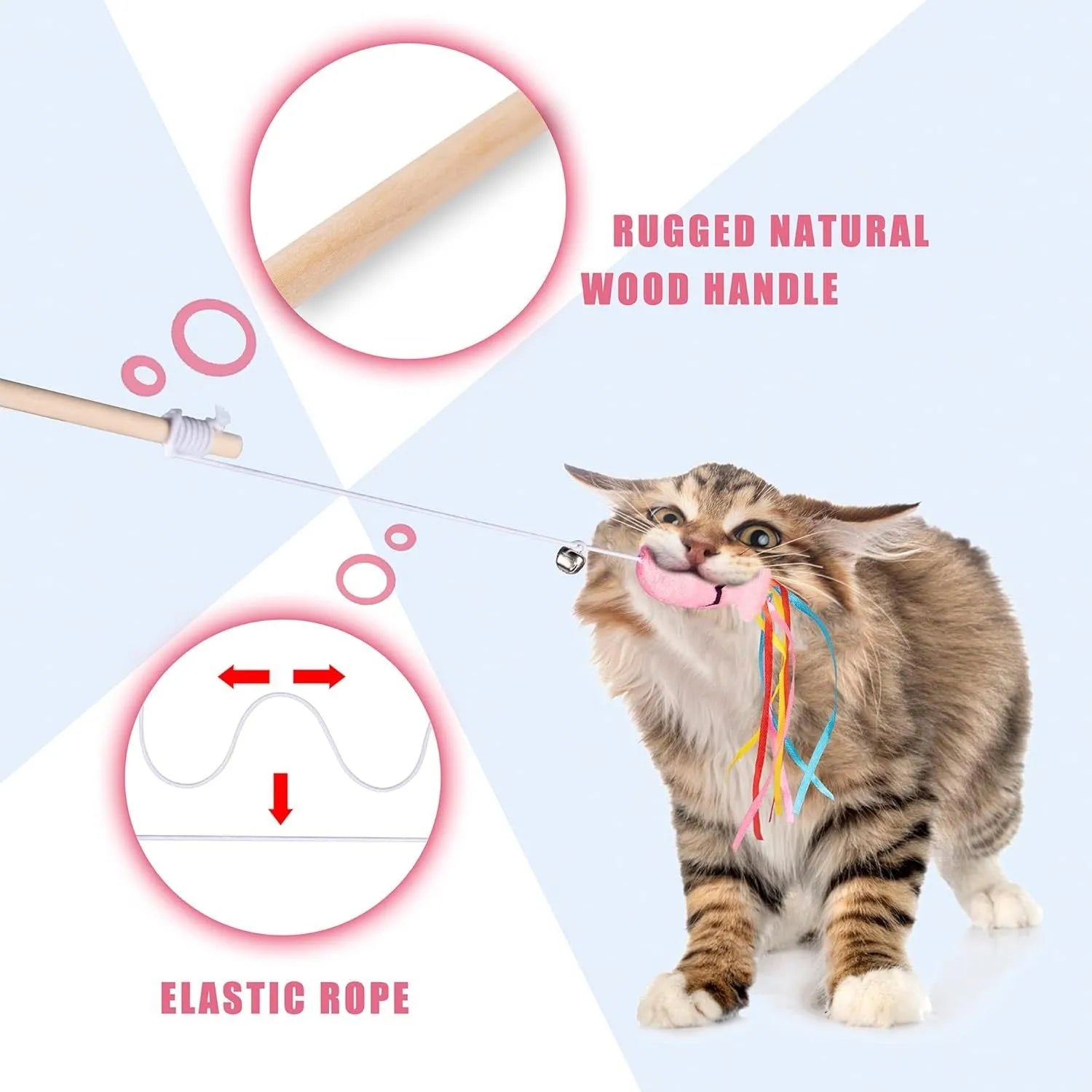 Cat wand toy with wooden handle, colourful ribbons, catnip fish and bell for interactive play