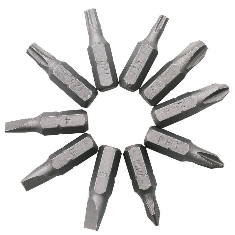 L-shaped double-headed socket wrench with 10 screwdriver bits and 10 bit sockets arranged around tool