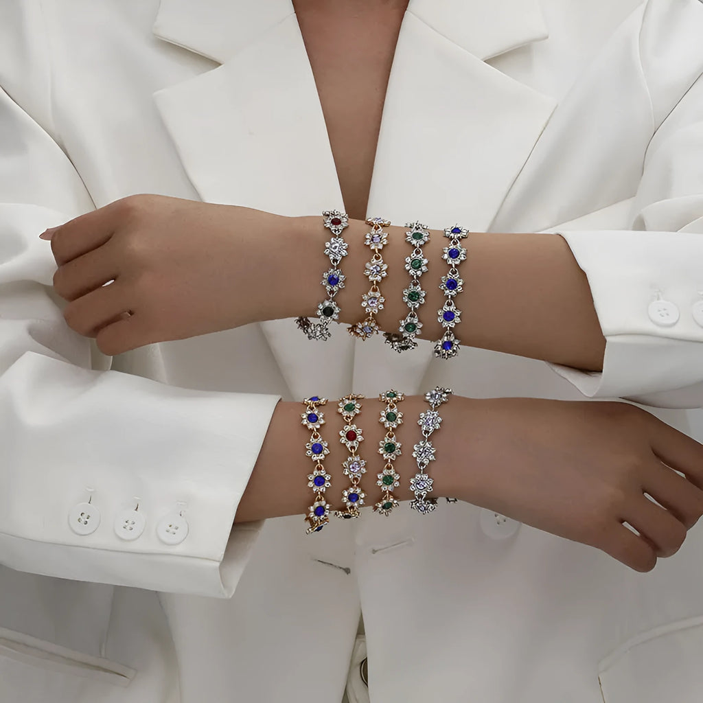 Flower-shaped zinc alloy bracelet with electroplated finish and coloured gem accents