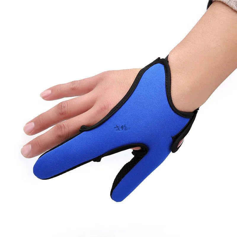 A single two-finger fishing glove showing the blue diving cloth back and light grey microfibre palm.