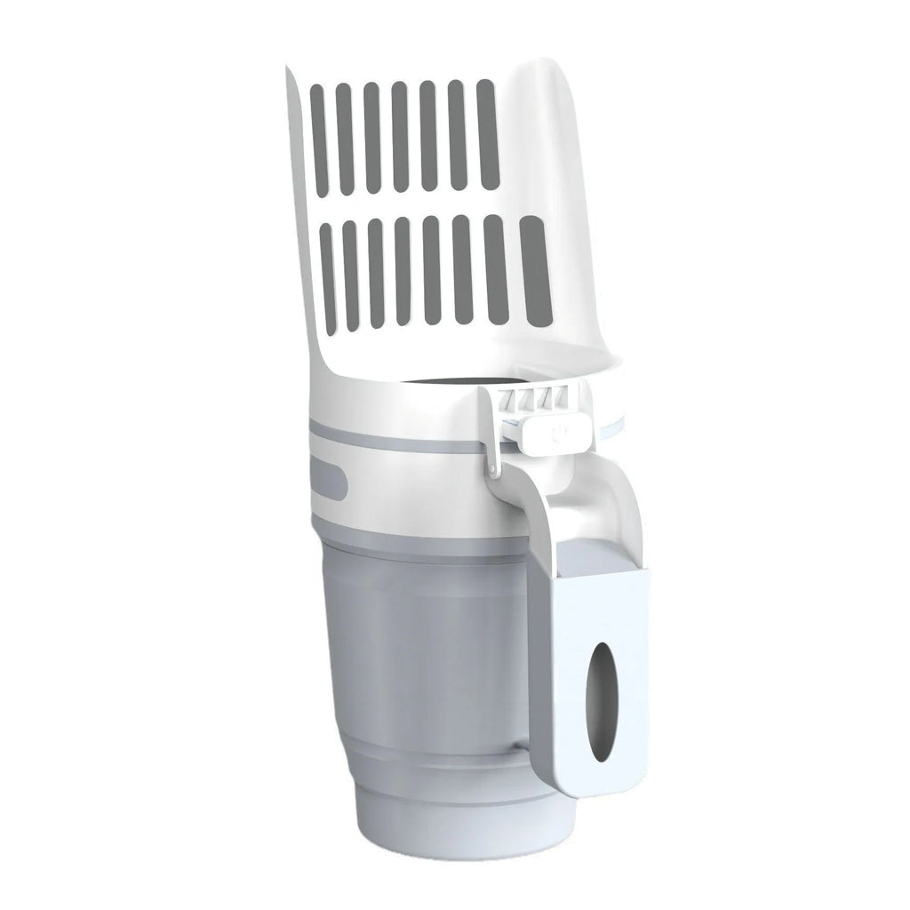 Grey cat litter scoop attached to a lidded waste bin with a foldable bottom and non-slip handle.