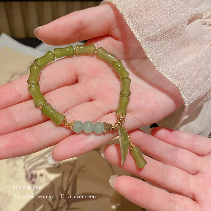 Chinese style bamboo leaf glass bracelet for women with manual craftsmanship