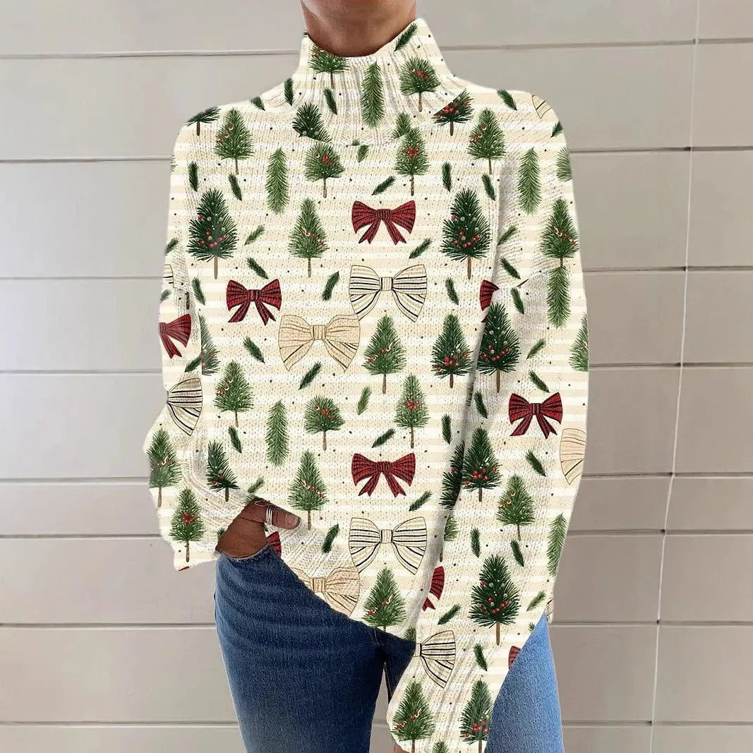 Women's Christmas printed turtleneck sweater in macaron colours with painting pattern