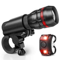 Bicycle headlight and taillight set including LED flashlight, mounting bracket, and rear light.
