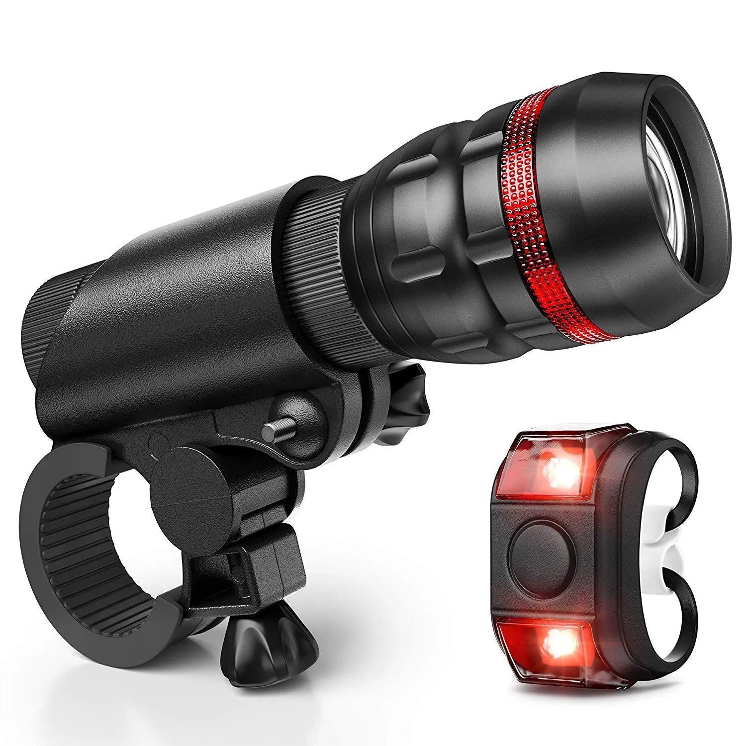 Bicycle headlight and taillight set including LED flashlight, mounting bracket, and rear light.