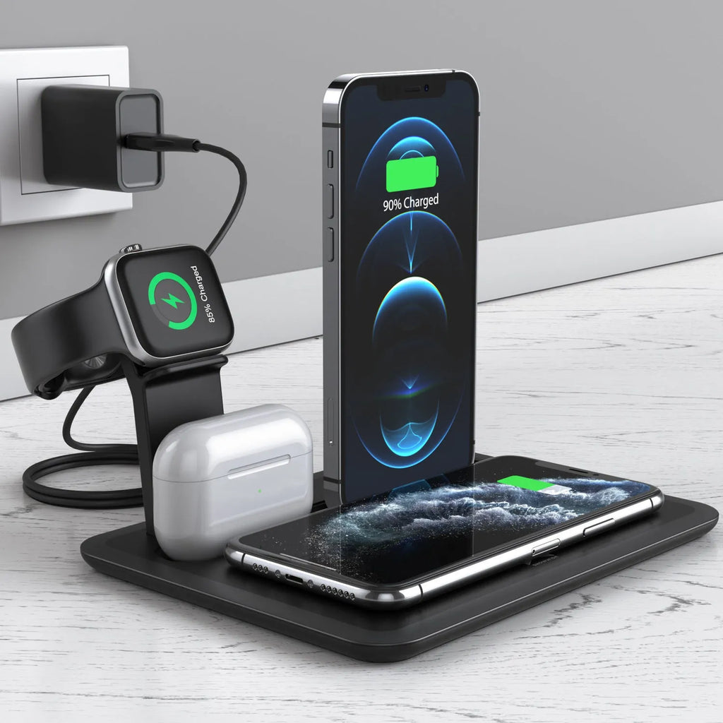 Black and white desktop wireless charging station for phone, watch, and headphones showing 175mm width.